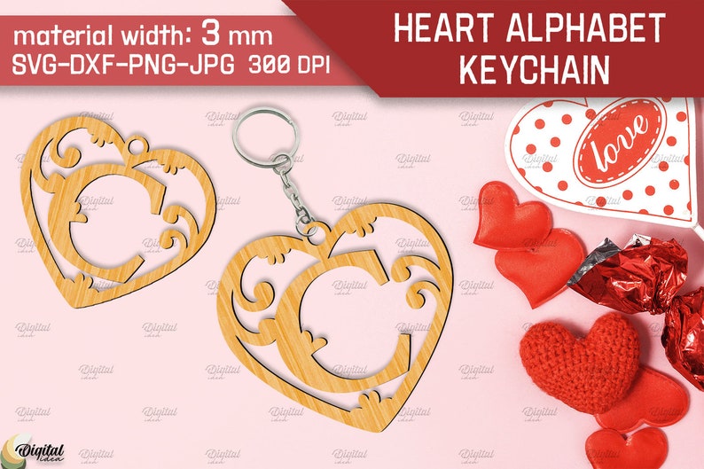 May include: A wooden heart-shaped keychain with a decorative design and a space for a letter. The keychain is 3 mm thick and comes in SVG, DXF, PNG, and JPG formats at 300 DPI. The image also shows a red heart with white polka dots and the word "love" in a white oval.