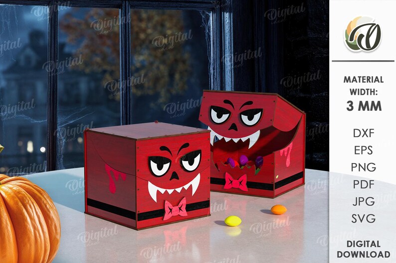 K&ouml;nnte beinhalten: Zwei rote Halloween-Boxen mit Cartoon-Teufelsgesichtern, wei&szlig;en Fangz&auml;hnen und rosa Fliegen. Die Boxen stehen auf einer wei&szlig;en Oberfl&auml;che mit einem K&uuml;rbis und einem Fenster im Hintergrund. Die Materialbreite betr&auml;gt 3 mm.