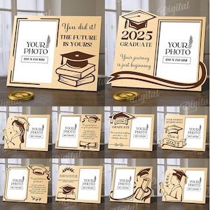 May include: Ten graduation-themed digital designs for laser cutting. The designs feature a variety of frames, text, and images, including a graduation cap, a book stack, and the year 2025. The designs are perfect for creating personalized graduation gifts or decorations. The material width is 3 mm.