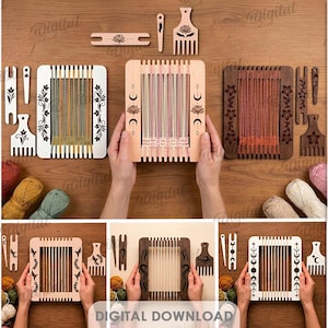 May include: A collection of ten wooden weaving looms featuring various laser-cut decorative patterns, including floral, celestial, and geometric motifs. Each set includes a loom frame, a weaving comb, and a shuttle tool for textile crafting projects.