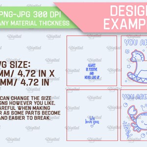 May include: A digital design example showing four different designs for cards. The designs include a rocking horse with the text "You are the best!" a crab with the text "You are unique!" a heart with the text "We love you" and a quote that says "Always be positive and never give up". The designs are approximately 4.72 inches by 4.72 inches.