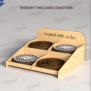 May include: A wooden display stand with four compartments, each holding a set of coasters. The coasters have a spiral design in black and white. The stand is made of light-colored wood and has the text "Created with care."