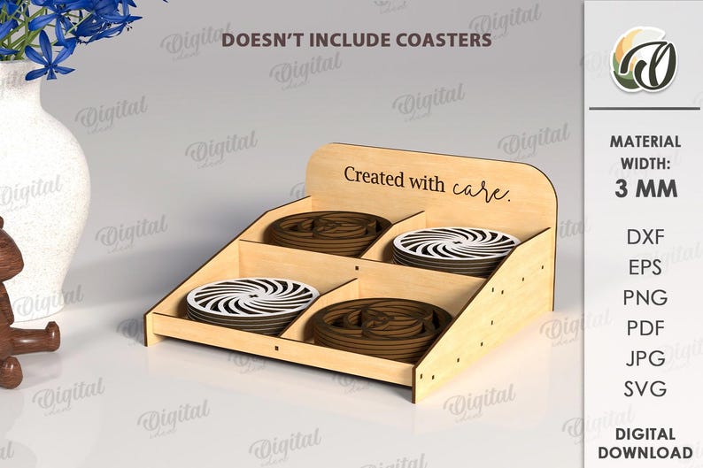May include: A wooden display stand with four compartments, each holding a set of coasters. The coasters have a spiral design in black and white. The stand is made of light-colored wood and has the text "Created with care."