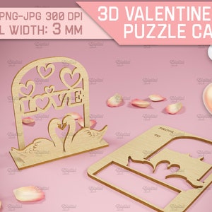 Día de San Valentín Tarjeta emergente de amor, regalo de San Valentín 3D, soporte de tarjeta de amor cortado con láser, tarjeta de felicitación emergente de madera, amor svg, cisnes enamorados