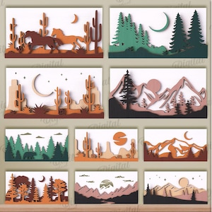 May include: Ten laser-cut designs showcasing desert scenes, mountains, and forests, each with a moon or sun. The text reads "10 DESIGNS", "SUITED FOR ANY MATERIAL THICKNESS", and "DIGITAL DOWNLOAD".