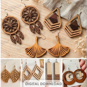 May include: A collection of ten wooden earring designs, including geometric shapes, dream catchers, and leaf patterns. The earrings are displayed on white cards and a wooden surface. The text "DIGITAL DOWNLOAD" is visible.