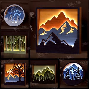 May include: A collection of ten illuminated landscape designs, including mountain and tree silhouettes, suitable for various material thicknesses. The designs are available as a digital download in SVG, PDF, DXF, EPS, and PNG formats.