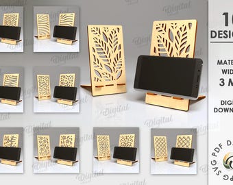 May include: Ten digital designs for laser cutting phone stands. Each design features a different geometric or floral pattern. The stands are made for 3 mm thick material.