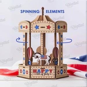 May include: Wooden carousel with red, white, and blue star and balloon accents, and a horse with an American flag design. The text "HAPPY 4th of July" is displayed on the front. The material width is 3 mm.