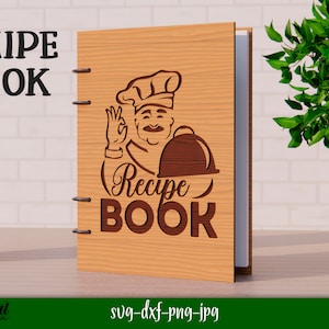 Fichário de receitas 3D, livro de culinária familiar, capa de livro de receitas gravada em madeira, capa de livro de receitas, SVG de cozinha, livro de culinária 3D cortado a laser, fichário com 4 argolas