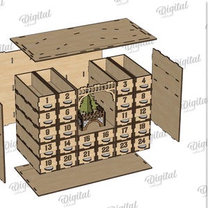 May include: A wooden advent calendar with 24 numbered drawers. The design includes a central archway with a small tree and bridge. The material width is 3 mm. Digital download available in DXF, EPS, PNG, PDF, JPG, and SVG formats.