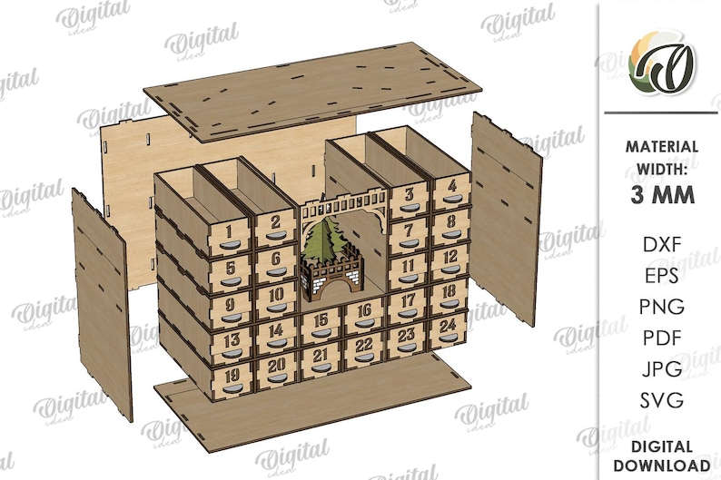 May include: A wooden advent calendar with 24 numbered drawers. The design includes a central archway with a small tree and bridge. The material width is 3 mm. Digital download available in DXF, EPS, PNG, PDF, JPG, and SVG formats.