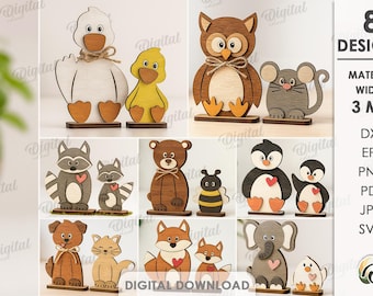 Conjunto de suportes para figuras de animais em 3D, arquivos de corte a laser de animais fofos, suporte de madeira para prateleira, decoração para quarto infantil, urso rústico, estilo fazenda em SVG.