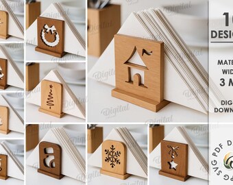 May include: A collage of wooden napkin holders with various holiday-themed cutouts, including a star, wreath, bells, Christmas tree, house, snowflake, and reindeer. The material width is 3 mm. The image also includes the text "10 DESIGNS" and "DIGITAL DOWNLOAD".