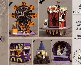 May include: A collection of five Halloween-themed laser-cut designs. The designs include a Ferris wheel with pumpkin carriages, a circus tent, a haunted bus, a haunted house, and a spooky globe. The text on the image says "5 Designs" and "Digital Download".