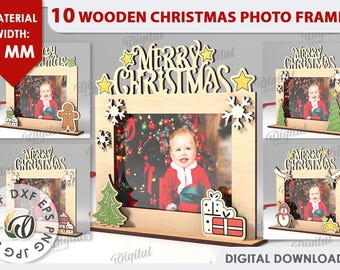 May include: Ten wooden Christmas photo frames with a "Merry Christmas" design. Each frame has a cutout design with a snowflake, a star, and a Christmas tree. The frames are 3 mm thick and come in a digital download format.