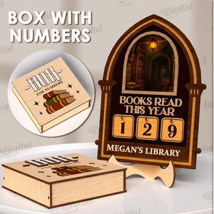 May include: Wooden book-shaped box with the text "BOK FOR NUMBERS" and a stack of books. A wooden display with the text "BOOKS READ THIS YEAR" and the numbers 129. The display also includes "MEGAN'S LIBRARY".