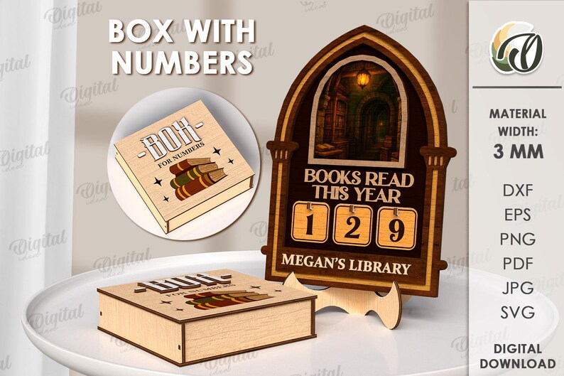 May include: Wooden book-shaped box with the text "BOK FOR NUMBERS" and a stack of books. A wooden display with the text "BOOKS READ THIS YEAR" and the numbers 129. The display also includes "MEGAN'S LIBRARY".