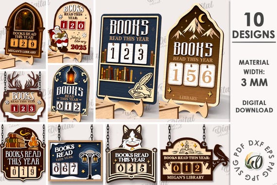3D Book tracker signs bundle, sign with stand laser cut files, reading quotes svg, wall hanger, wooden library shelf sitter, book lover gift