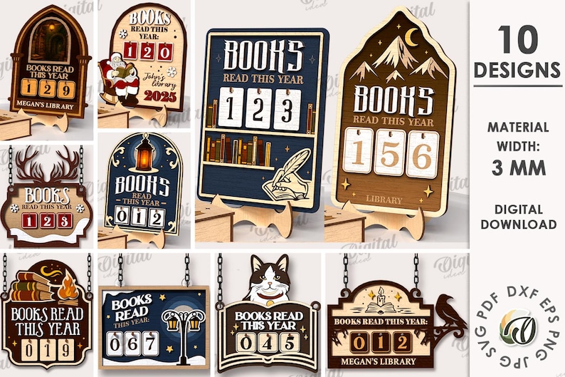 May include: A collection of ten wooden "Books Read This Year" signs with various designs, including a Santa Claus, a cat, and a mountain scene. Each sign features a counter to track the number of books read. The material width is 3 mm.
