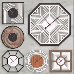 Könnte beinhalten: Eine Sammlung von zehn dekorativen Wanduhr-Designs. Die Uhren weisen verschiedene geometrische und abstrakte Muster mit Holz- und weißen Akzenten auf. Das Bild enthält den Text "10 DESIGNS" und "DIGITAL DOWNLOAD".