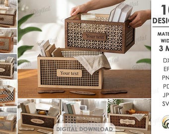Home organizer boxes bundle, storage box laser cut files, wooden basket, keepsake box svg, personalized crate, geometric pattern