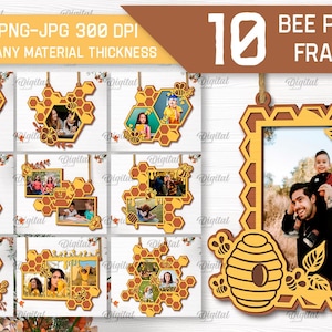 May include: Ten digital bee photo frames with a honeycomb design. The frames are suitable for any material thickness and are available in SVG, DXF, PNG, and JPG formats at 300 DPI.