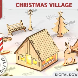 May include: Laser cut Christmas village design with a house, a tree, a bench, a street lamp, a reindeer pulling a sleigh, and a sign that reads "The North Pole". The design is made of wood and is 3 mm thick.
