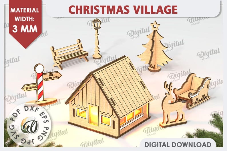 May include: Laser cut Christmas village design with a house, a tree, a bench, a street lamp, a reindeer pulling a sleigh, and a sign that reads "The North Pole". The design is made of wood and is 3 mm thick.