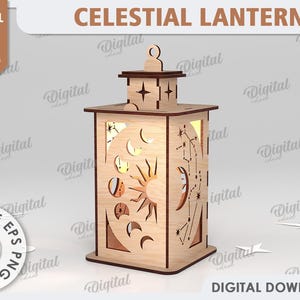 3D-himmelsk lykta, sol- och måneljushållare laserskuren, värmeljuslykta laser, trälampa, boho ljushållare, konstellationssvg