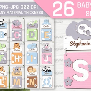 Paquete de letreros de nombres de bebés personalizados, letreros para niños en 3D cortados con láser en capas, alfabeto de la a a la z, decoración de guardería, svg para niños, animales lindos svg, personalizado