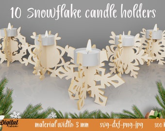3D Sneeuwvlok kandelaars, Kerst kaars houder laser gesneden bestand, Kaars stand bundel, Kerst laser gesneden bestand, Houten Kaarshouder svg