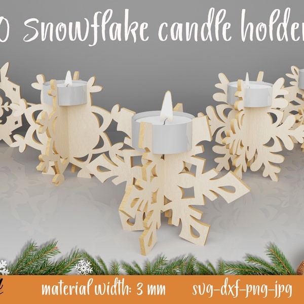 3D Snowflake candle holders, Christmas candle holder laser cut file, Candle stand bundle, Christmas laser cut file, Wood Candle holder svg
