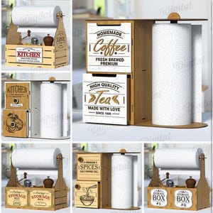 May include: A collection of 10 wooden kitchen paper towel holders in various designs. Some feature shelves with text like "Kitchen" and "Homemade Coffee." The holders are made of 3 mm thick material and are available as a digital download.