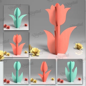 May include: Ten designs of 3D paper flower templates for crafting. The designs feature tulips in pink and teal colors. The templates are for digital download and include SVG, DXF, EPS, and PNG file formats.