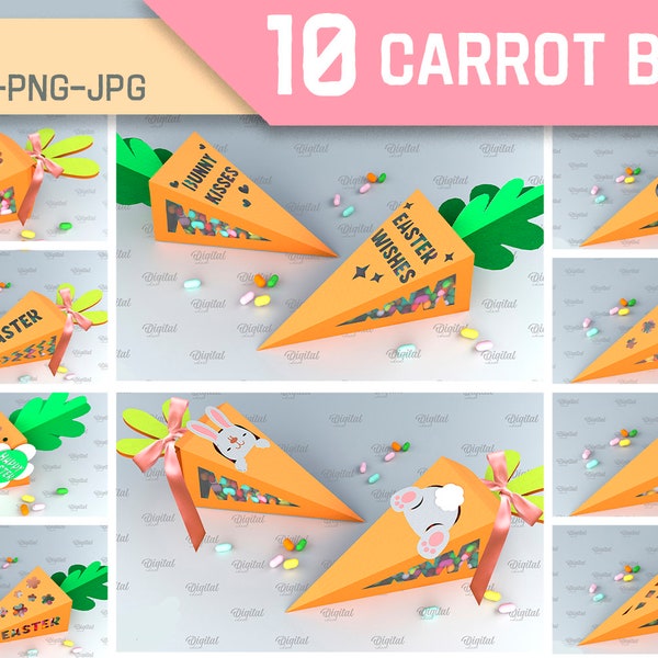 Easter carrot boxes papercut bundle, bunny box template, 3D paper cut SVG, candy box, favor box svg, easter rabbit svg, carrot box svg