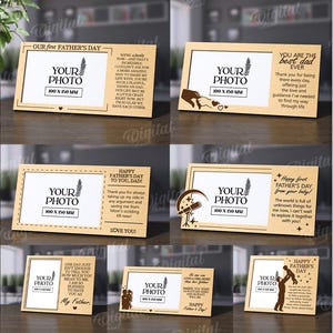 Könnte beinhalten: Zehn digitale Designs für Vatertags-Bilderrahmen. Jedes Design verfügt über eine andere Botschaft und einen Platz für ein Foto. Die Designs sind in den Formaten PDF, DXF, EPS, SVG, JPG und PNG verfügbar. Die Materialbreite beträgt 3 mm.