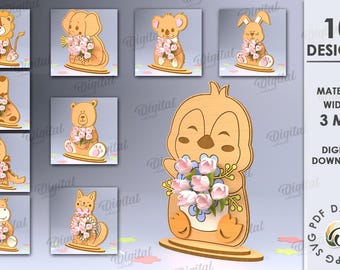 May include: Ten digital designs of cute animal flower vase holders. Each design features a different animal holding a bouquet of pink flowers. The designs are suitable for laser cutting and are 3 mm thick.