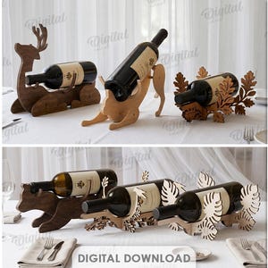 Peut inclure: Une collection de 10 porte-bouteilles de vin en bois découpés au laser, aux formes d'animaux et de feuilles, avec une épaisseur de matériau de 3 mm. L'ensemble inclut des fichiers numériques DXF, EPS, PNG, PDF, JPG et SVG en téléchargement.