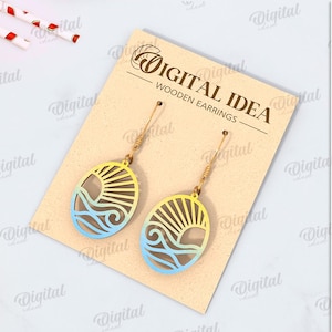 May include: A pair of wooden earrings with a sun and wave design. The earrings are on a brown card with the text "DIGITAL IDEA WOODEN EARRINGS" and "SUITED FOR ANY MATERIAL THICKNESS". The card also lists the file formats available for download: DXF, EPS, PNG, PDF, JPG, SVG, and DIGITAL DOWNLOAD.