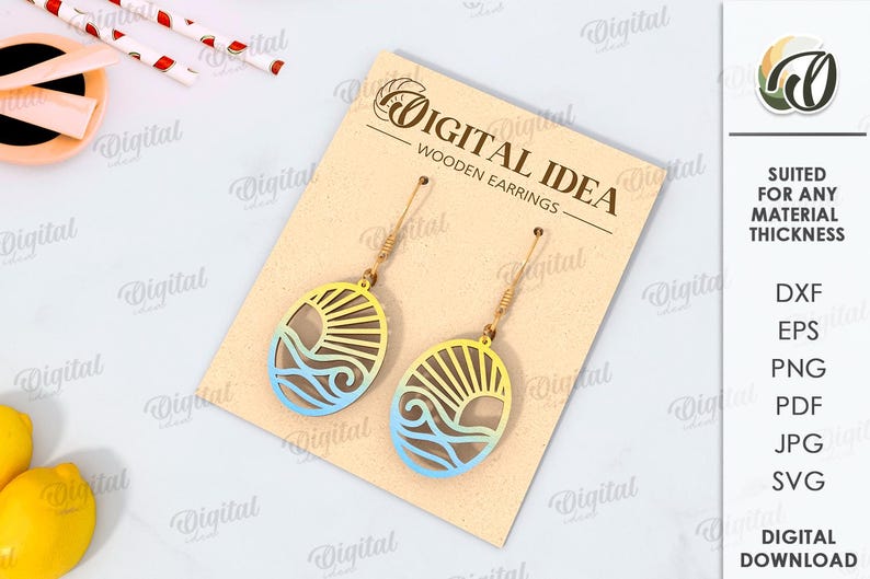 May include: A pair of wooden earrings with a sun and wave design. The earrings are on a brown card with the text "DIGITAL IDEA WOODEN EARRINGS" and "SUITED FOR ANY MATERIAL THICKNESS". The card also lists the file formats available for download: DXF, EPS, PNG, PDF, JPG, SVG, and DIGITAL DOWNLOAD.