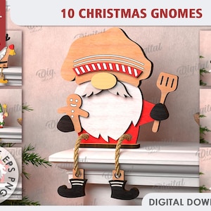 Könnte beinhalten: Zehn hölzerne Weihnachtsgnome mit roten, weißen und braunen Akzenten. Die Gnome halten verschiedene Gegenstände, darunter einen Lebkuchenmann, einen Spatel und eine Laterne. Die Gnome sind 3 mm dick und stehen zum digitalen Download bereit.