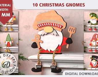 May include: Ten wooden Christmas gnomes with red, white, and brown accents. The gnomes are holding various items, including a gingerbread man, a spatula, and a lantern. The gnomes are 3 mm thick and are available for digital download.