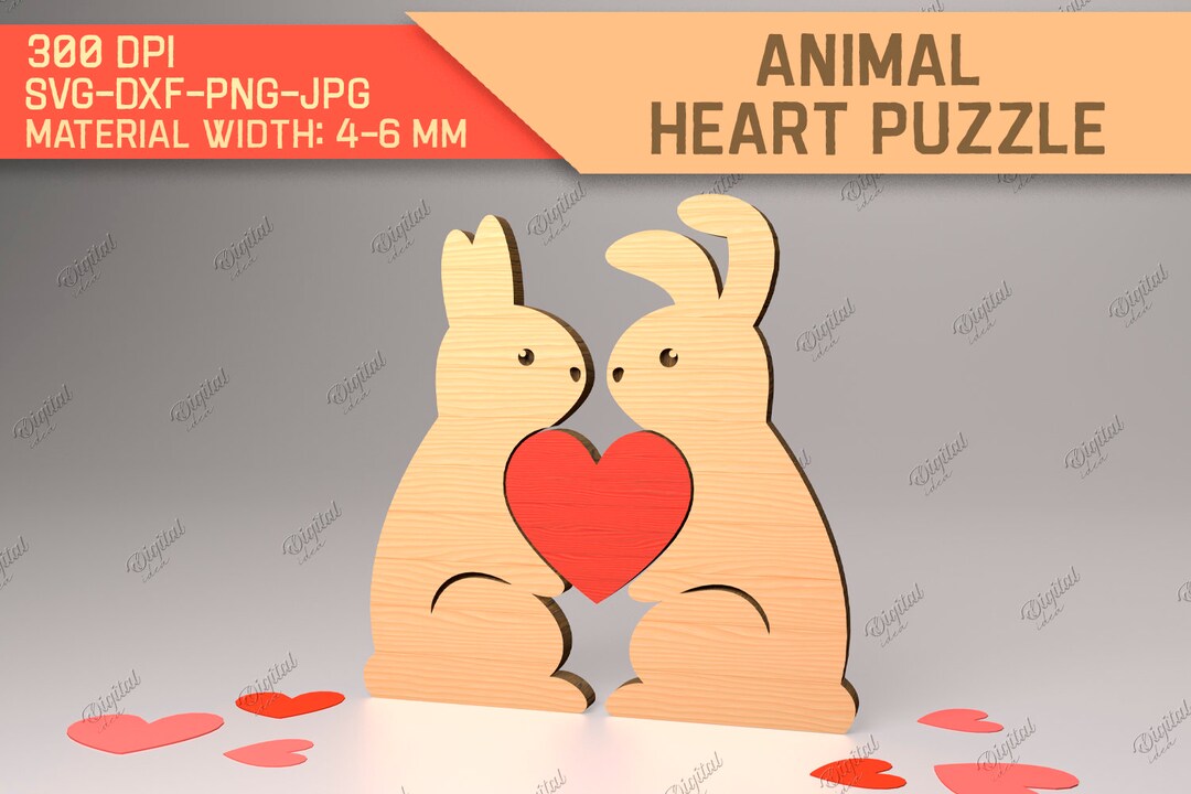 Wooden Bunny Love Puzzle, 3D Laser Cut Rabbits With Hearts, Cute Animal ...