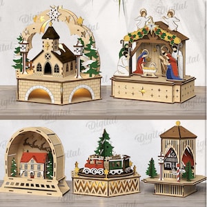 以下が含まれることがあります： 教会、降誕シーン、家、電車、教会のような構造物など、5つのレーザーカット木製クリスマスデザインが表示されています。 材料の幅は3mmです。 デジタルダウンロードが可能です。
