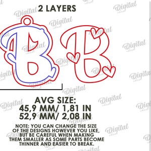May include: Two-layer digital design of the letter "B" with heart accents. The average size is 1.81 inches by 2.08 inches. The design is suitable for any material thickness and is available in various file formats.