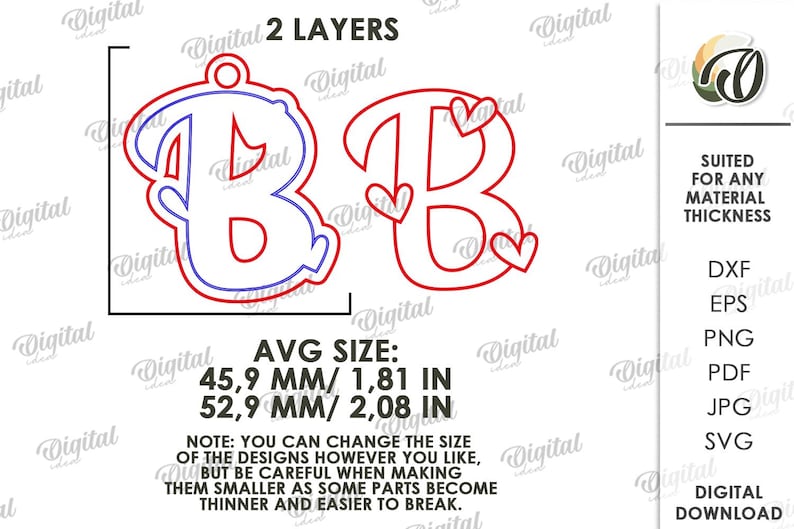 May include: Two-layer digital design of the letter "B" with heart accents. The average size is 1.81 inches by 2.08 inches. The design is suitable for any material thickness and is available in various file formats.