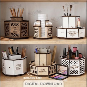 May include: A selection of wooden rotating organisers with different designs. Some have text such as "Glow Every Day", "You Got This", "Focus on your Goals", and "Love Yourself". The organisers are filled with pens, pencils, and makeup.