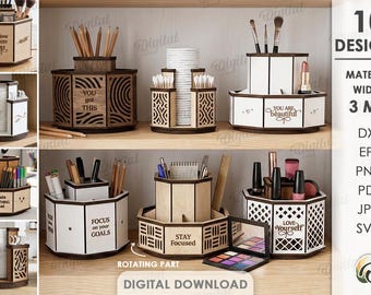3D Rotating organizers bundle, makeup storage laser cut files, office supplies holder, affirmation quotes svg, modern bathroom organizer