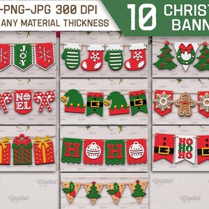 May include: Ten digital Christmas banner designs featuring various festive themes, including snowflakes, gingerbread men, elves, candy canes, Christmas trees, and the words "Joy", "Noel", and "Ho Ho Ho".